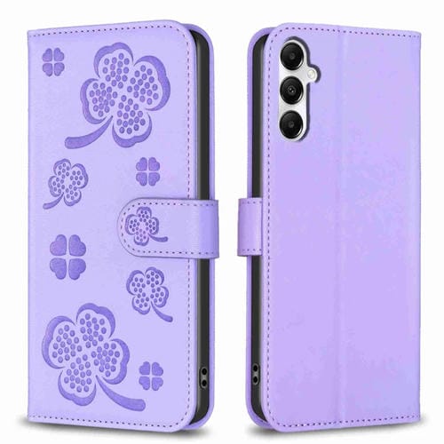 Funda de Cuero Samsung Galaxy A15 con Relieve de Cuatro Hojas (Púrpura)