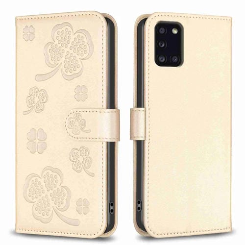 Funda para Samsung Galaxy A31 Cuero con Relieve de Cuatro Hojas (Dorado)
