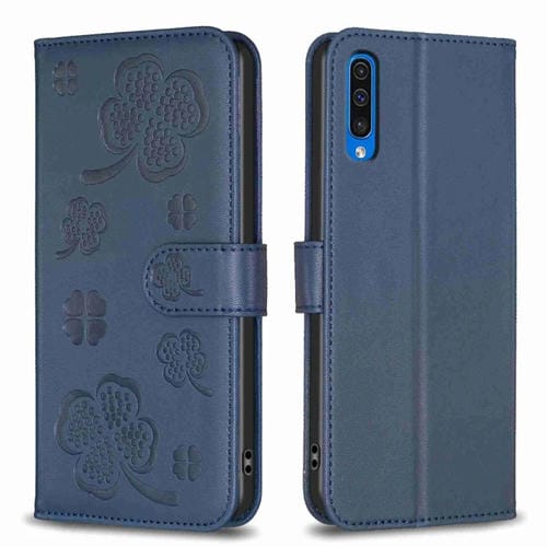 Funda de Cuero Samsung Galaxy A50 con Relieve de Cuatro Hojas (Azul)