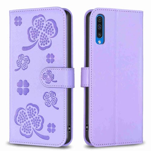 Funda para Samsung Galaxy A50 Cuero con Relieve de Cuatro Hojas (Púrpura)