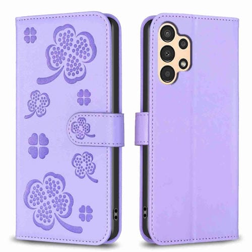Funda para Samsung Galaxy A72 Cuero Relieve Cuatro Hojas (Púrpura)