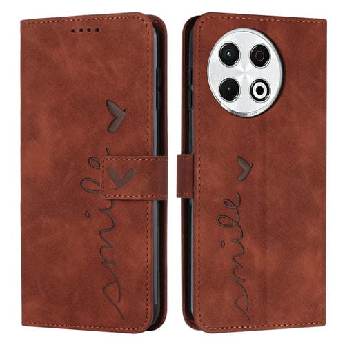 Funda de Piel con Relieve de Corazón para Tecno Spark 30 Pro con Cordón Largo (Marrón)