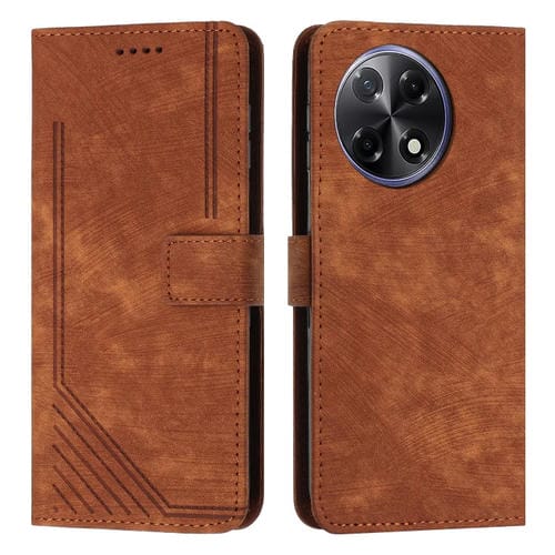 Funda de Cuero para Tecno Camon 30S con Diseño de Rayas y Cordón Largo (Marrón)