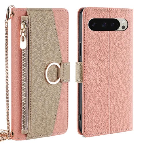 Funda de Cuero con Textura de Lichi y Bandolera para Google Pixel 9 (Rosa)