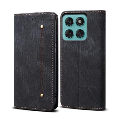Funda de cuero con tapa y textura vaquera para Motorola Moto G86 Power (negra)