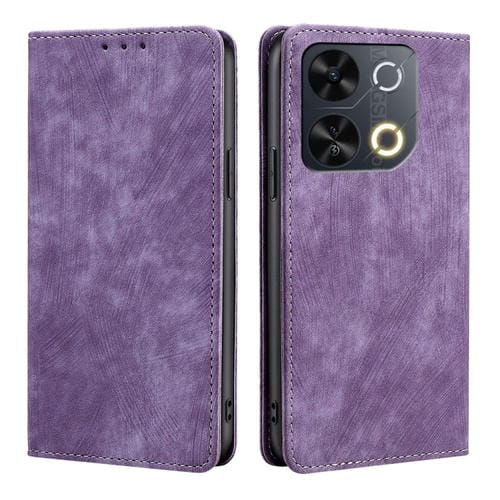 Funda de Cuero Magnética con Cepillo Antirrobo RFID para Teléfono Itel P65 (Morado)