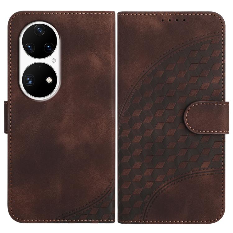 Funda de Cuero con Relieve Cabeza de Elefante para Huawei P50 Pro con Cordón (Café)