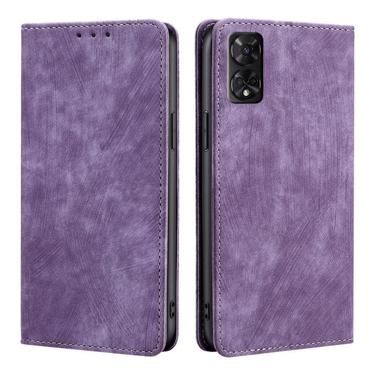 Funda de Cuero Magnética con Cepillo Antirrobo Rfid para TCL 50 5G (Morado)