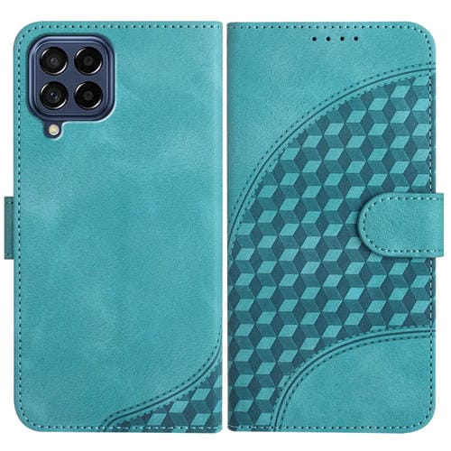 Funda de Cuero Samsung Galaxy M53 5G Yx0060 con Relieve Cabeza de Elefante y Cordón (Azul Claro)