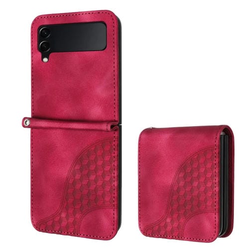 Funda para Samsung Galaxy Z Flip3 5G Yx0060 de Cuero con Relieve y Cabeza de Elefante con Cordón (Rojo Rosa)