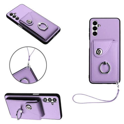 Funda para Teléfono Samsung Galaxy A13 5G A04S de Pu con Soporte para Anillo y Bolsa para Tarjeta con Cordón (Púrpura)