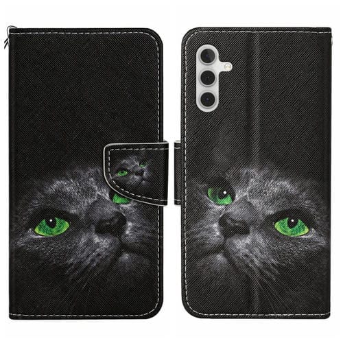 Funda de Cuero Samsung Galaxy A05S con Patrón de Dibujo Gato Negro