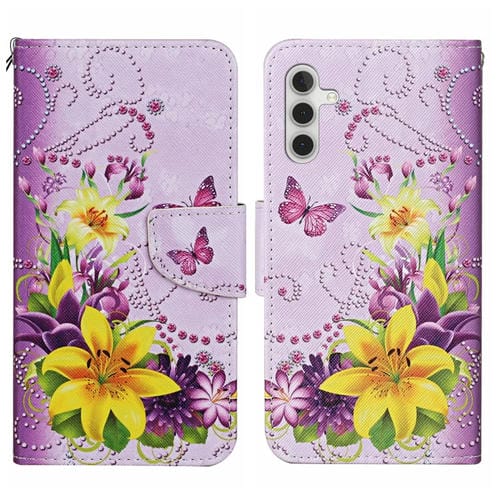 Funda de Cuero para Samsung Galaxy A15 con Patrón de Mariposa de Flor Amarilla