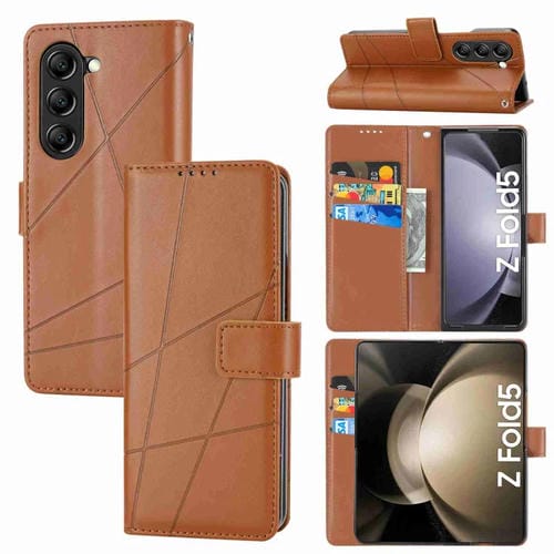 Funda para Teléfono Samsung Galaxy Z Fold5 PU con Línea en Relieve y Textura de Cuero Genuino (Marrón)