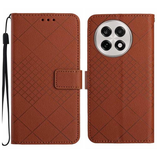 Funda de Cuero con Textura de Cuadrícula Rómbica para OnePlus 13 (Marrón)