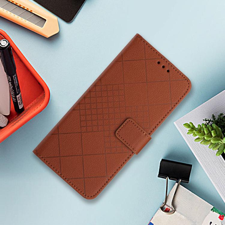 Funda de Cuero para OnePlus 13R con Textura de Cuadrícula Rómbica (Marrón)