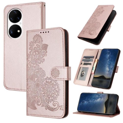 Funda de Cuero con Tapa y Diseño de Flor de Datura en Relieve para Huawei P50 Pro (Oro Rosa)