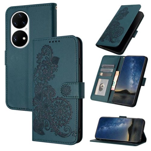 Funda de Cuero con Tapa para Huawei P50 Pro con Relieve Flor de Datura (Verde Oscuro)
