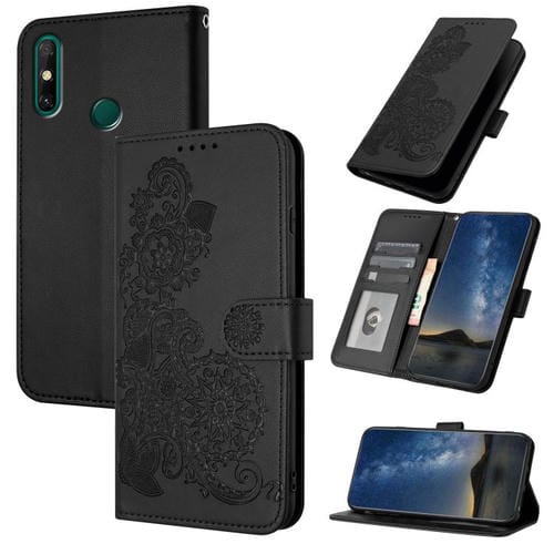 Funda de Cuero con Tapa y Flor de Datura en Relieve para Huawei Enjoy 20E (Negra)