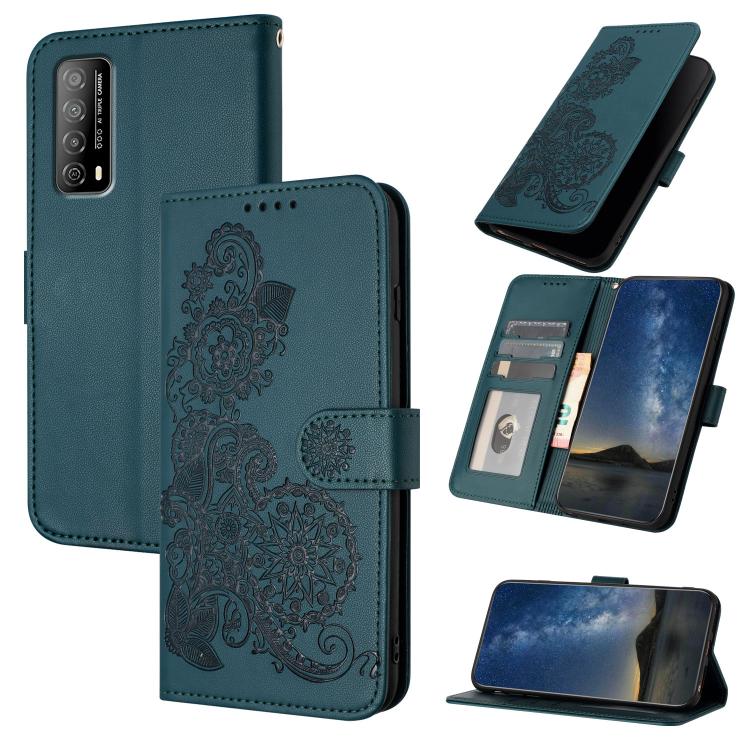 Funda de Cuero con Tapa y Relieve Flor de Datura para Huawei Enjoy 20 Se 4G (Verde Oscuro)