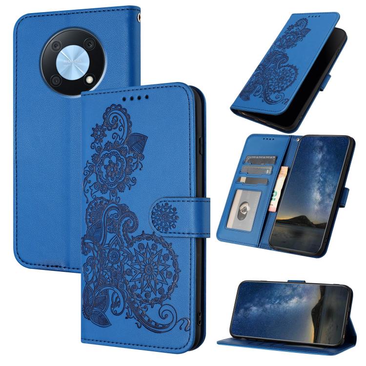 Funda de Cuero con Tapa y Relieve Flor de Datura para Huawei Enjoy 50 Pro/Nova Y90 (Azul)