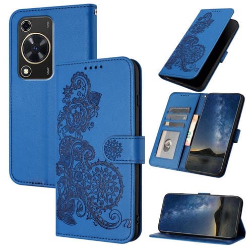 Funda de Cuero con Tapa y Relieve Flor de Datura para Huawei Nova Y72 (Azul)