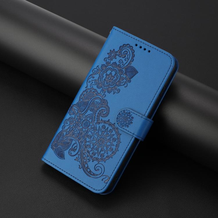 Funda de Cuero con Tapa y Relieve Flor de Datura para Huawei Nova Y72 (Azul)