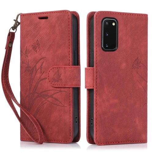 Funda de Cuero Samsung Galaxy S20 con Relieve Mariposa Orquídea (Rojo)
