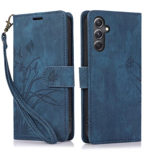 Funda para Teléfono Samsung Galaxy A14 4G / 5G Cuero Relieve Mariposa Orquídea (Azul)