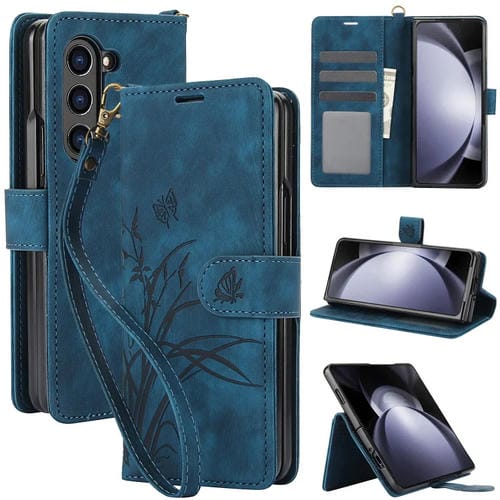 Funda para TelĂ©fono Samsung Galaxy Z Fold5 Cuero con Relieve Mariposa OrquĂdea (Azul)