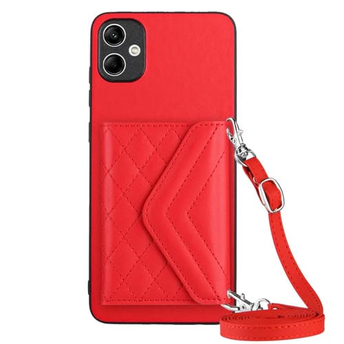 Funda para Teléfono Samsung Galaxy A04 4G con Bolsa para Tarjetas Rfid Textura Rómbica y Cordón Largo (Rojo)