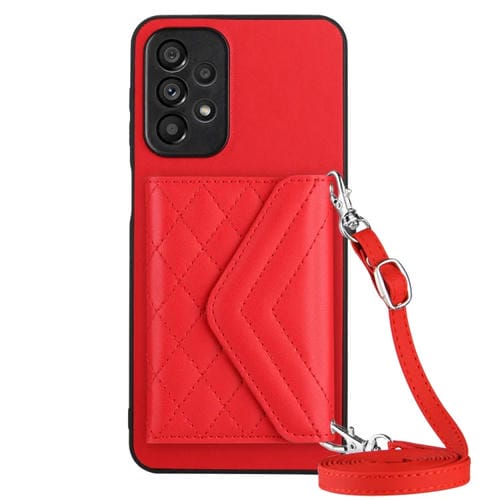 Estuche para Teléfono Samsung Galaxy A52 con Bolsa para Tarjetas Rfid Textura Rómbica Cordón Largo (Rojo)