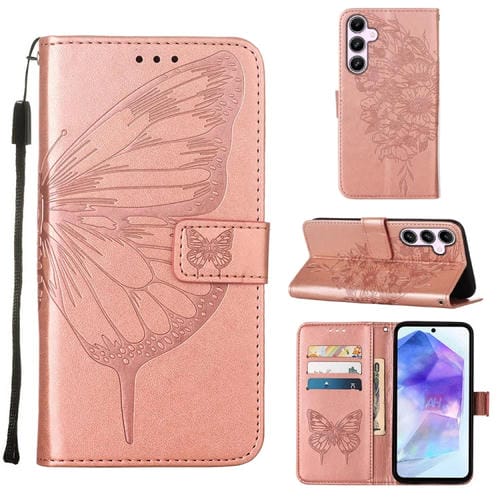 Funda de Cuero Samsung Galaxy A55 Mariposa en Relieve (Oro Rosa)