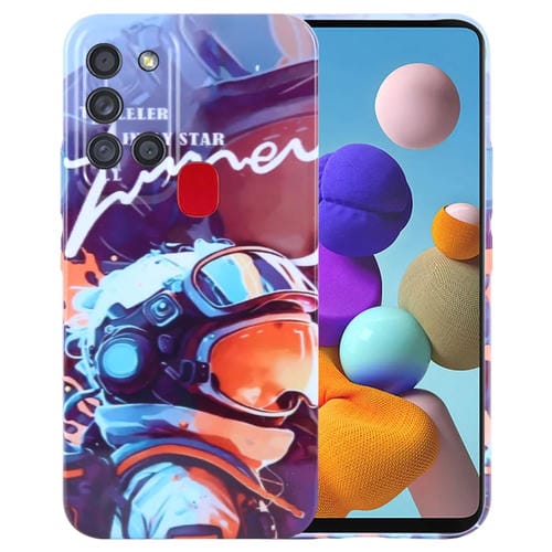 Estuche para Teléfono Samsung Galaxy A21S con Orificio Preciso para PC con Patrón Pintado (Astronauta de Pintura Naranja)