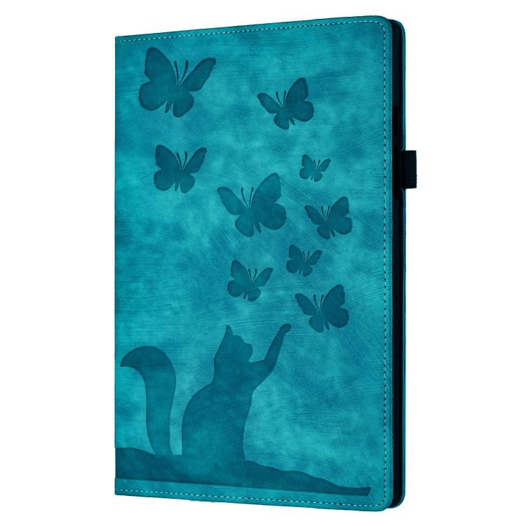 Funda de Piel para iPad Mini 2024/2021 con Relieve de Gato y Mariposa (Azul Cielo)