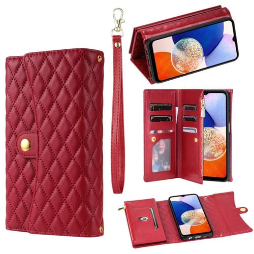 Estuche para Teléfono Samsung Galaxy A32 4G Cuero Rómbico con Billetera MultiTarjeta y Cremallera (Rojo)