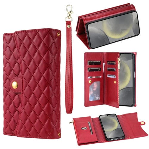 Funda para TelĂ©fono Samsung Galaxy S21 5G con Billetera MĂșltiples Tarjetas Cremallera y Cuero RĂłmbico (Rojo)