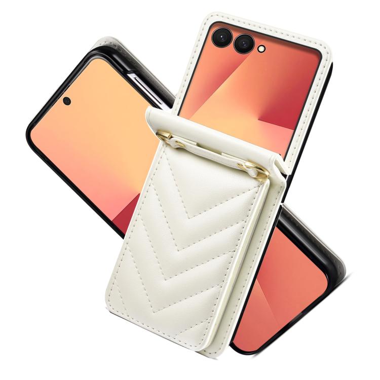 Funda de cuero plegable con diseño rómbico y cordón largo para Samsung Galaxy Z Flip7 5G (blanca)