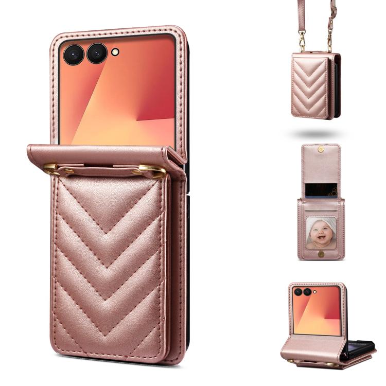Funda de cuero plegable rómbica con cordón largo para Samsung Galaxy Z Flip7 5G (oro rosa)