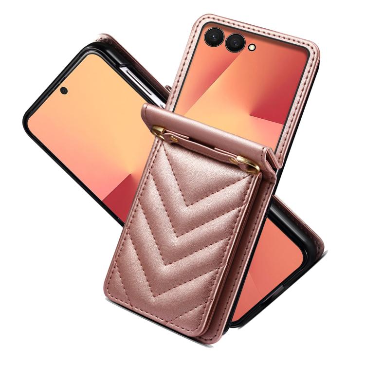Funda de cuero plegable rómbica con cordón largo para Samsung Galaxy Z Flip7 5G (oro rosa)