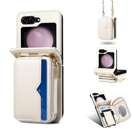 Funda para Samsung Galaxy Z Flip5 Cuero Plegable con Cordón Largo (Blanco)