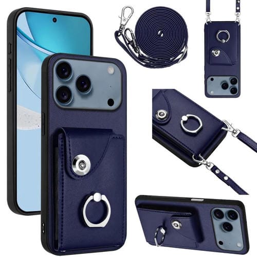 Funda para iPhone 17 Pro Max con tarjetero, anillo y cordón largo (azul)