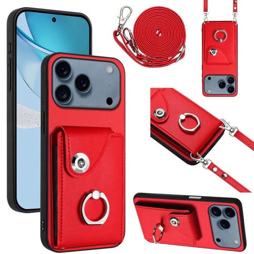 Funda para iPhone 17 Pro Max con tarjetero, anillo y cordón largo (roja)