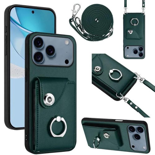 Funda para iPhone 17 Pro con tarjetero, anilla y cordón largo (verde)