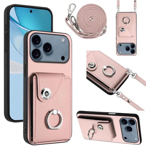 Funda para iPhone 17 Pro con tarjetero, anilla y cordón largo (rosa)