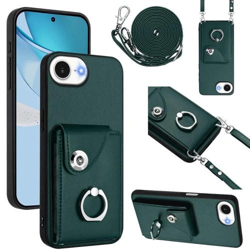 Funda para iPhone 16e con tarjetero, anilla y cordón largo (verde)