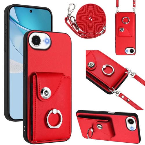 Funda para iPhone 16e con tarjetero, anilla y cordón largo (roja)