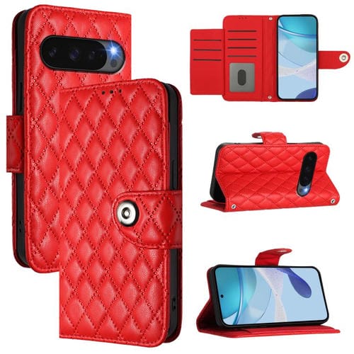 Funda de Cuero con Tapa y Textura Rómbica para Google Pixel 10 5G con Cordón (Rojo)