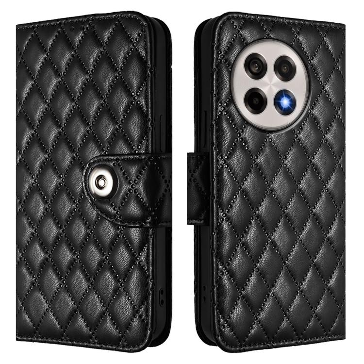 Funda de Cuero con Tapa y Textura Rómbica para OnePlus 13R/Ace 5 Pro 5G con Cordón (Negro)