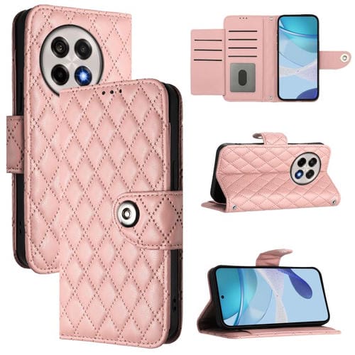Funda de Cuero con Tapa y Textura Rómbica para OnePlus 13R/Ace 5 Pro 5G con Cordón (Rosa Coral)